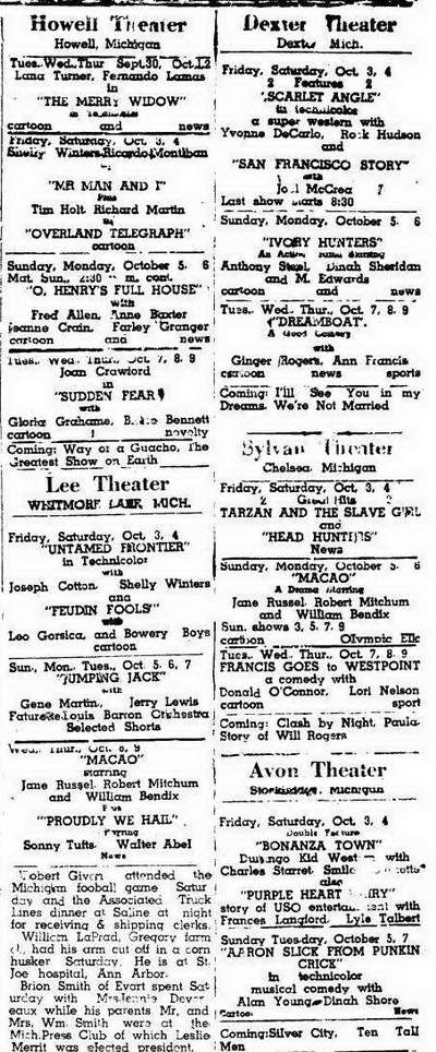 Lee Theatre - Oct 01 1952 Ads For Various Local Theaters (newer photo)